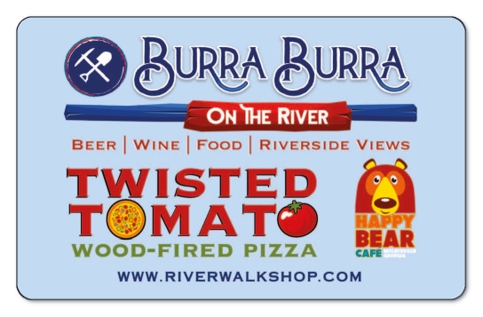 Burra burra on the river logo and twisted tomato logo, and happy bear cafe logo on a pale light blue background
